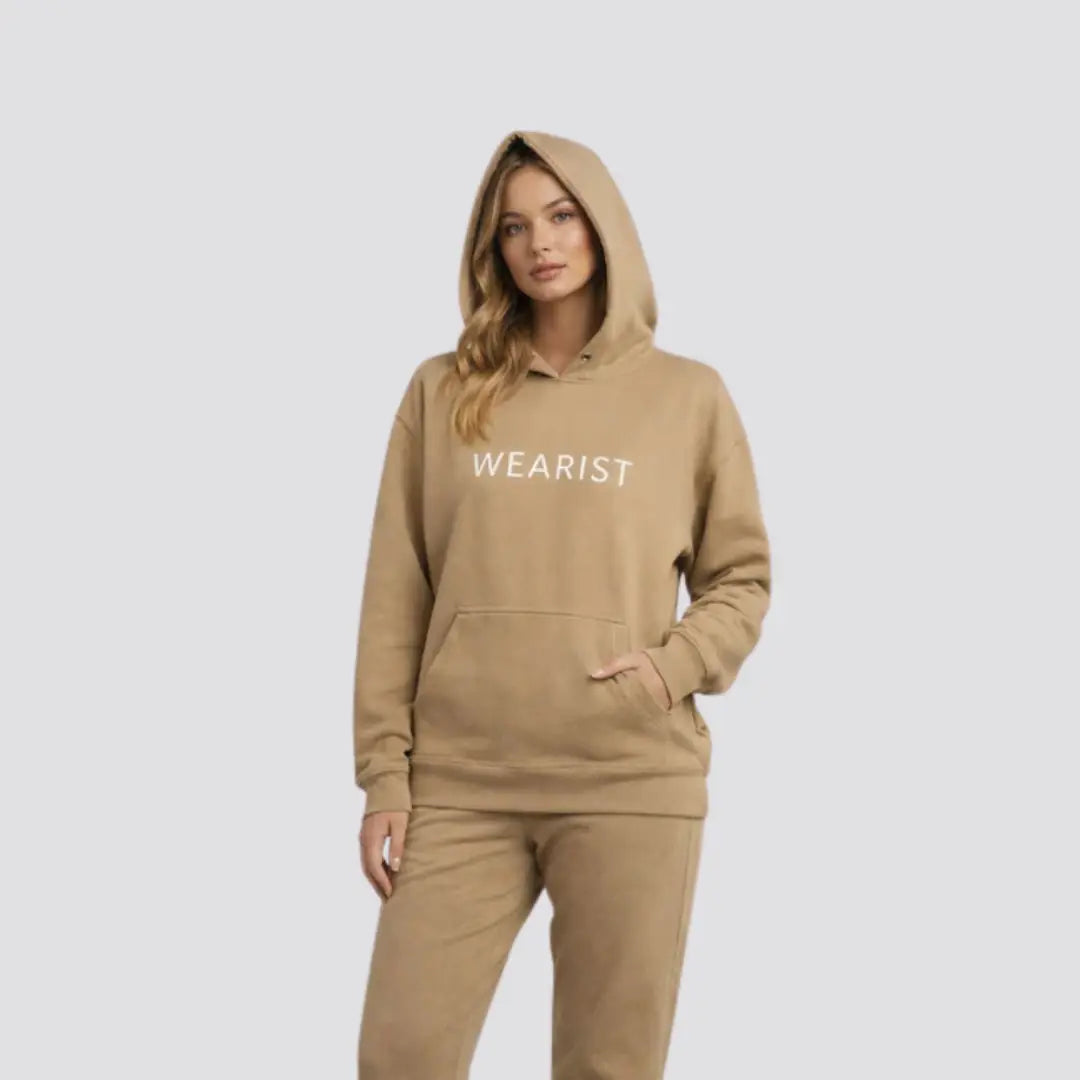 Elovery Women’s Beige Hoodie & Jogger Set – Premium Cotton Fleece Loungewear